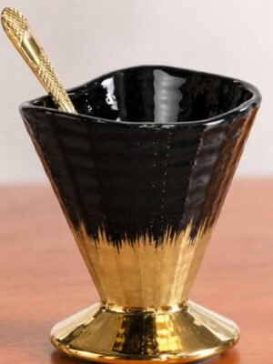 61xQwQGFPCL._SL1080_ Black & Gold Ceramic Ice Cream Cup Set of 6 with Gold Spoons, 100ml Dessert Serving Bowls, Premium Pedestal Sundae Cups for Ice Cream, Falooda, Mousse, Food Safe Ceramic Gift Set