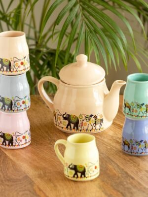 713yaTZSnlL._SL1500_ 'Elephant Motif' Ceramic Tea Pot with Cup Set (6 Cups & 1 Kettle, Dishwasher & Microwave Safe) | Handcrafted Tea Cup and Kettle Set of 6 for Hot Tea & Coffee Mug Set