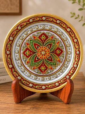 71WL0lZRgaL._SL1100_ 6 Inch Handcrafted Marble Thali with Floral Mandala Meenakari Art, Kundan Stone Work Decorative Marble Plate for Home Décor